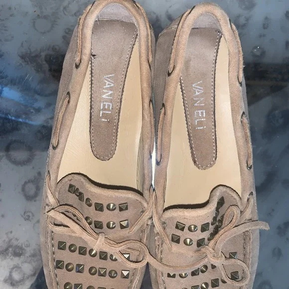 VAN ELI Shoes Womens 6  Tan Suede Bronze Studded Top Moccasin Driving‎ Loafers - Picture 3 of 7